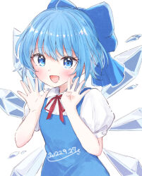 Rule 34 | 1girl, ahoge, blue bow, blue eyes, blue hair, bow, cirno, commentary, dated, detached wings, hair bow, highres, ice, ice wings, looking at viewer, open mouth, shiisaa3, short sleeves, simple background, solo, touhou, upper body, white background, wings