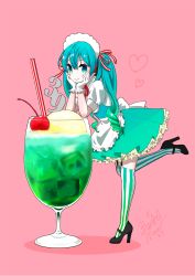 Rule 34 | 1girl, 39, 7meill, alternate costume, apron, aqua eyes, aqua hair, arm rest, black footwear, cherry, closed mouth, commentary request, dated, drinking straw, enmaided, food, frilled skirt, frills, from side, fruit, full body, garter straps, gloves, gradient hair, hatsune miku, heart, high heels, highres, ice cream, ice cream float, juliet sleeves, leaning forward, leg up, long hair, long sleeves, looking at viewer, maid, mini person, minigirl, multicolored hair, petticoat, pink background, puffy short sleeves, puffy sleeves, short sleeves, signature, simple background, skirt, smile, soda, solo, standing, standing on one leg, striped clothes, striped legwear, striped thighhighs, thighhighs, twintails, vertical-striped clothes, vertical-striped thighhighs, vocaloid, waist apron, waitress, white gloves