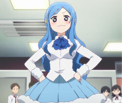 Rule 34 | + +, 1boy, 3girls, blue eyes, blue hair, blush, breasts, ceiling, ceiling light, classroom, closed mouth, dot nose, hair between eyes, hair ornament, hair over one eye, hands on own hips, himouto! umaru-chan, holding, holding paper, indoors, long hair, long sleeves, medium breasts, multiple girls, necktie, open mouth, paper, school, school uniform, standing, stitched, tachibana sylphynford, third-party edit