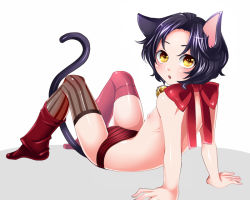 Rule 34 | 1boy, animal ears, bell, black hair, bulge, cat boy, cat ears, cat tail, looking back, male focus, matsurika youko, nipples, open mouth, original, panties, pink thighhighs, ribbon, sitting, solo, striped clothes, striped panties, striped thighhighs, tail, thighhighs, topless male, trap, underwear, yellow eyes
