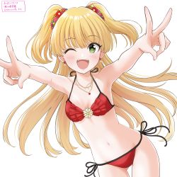 Rule 34 | 1girl, bikini, blonde hair, breasts, commentary request, cowboy shot, double v, frilled bikini, frills, green eyes, halterneck, highres, idolmaster, idolmaster cinderella girls, jewelry, jougasaki rika, long hair, looking at viewer, necklace, necocafe lili, open mouth, red bikini, side-tie bikini bottom, simple background, small breasts, smile, solo, string bikini, swimsuit, teeth, upper teeth only, v, white background