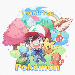 Rule 34 | 1boy, :d, arm up, artist name, ash ketchum, baseball cap, belt, black shirt, blue jacket, blue pants, blue sky, brown belt, brown eyes, brown hair, bulbasaur, charmander, cherry blossoms, chibi, cloud, commentary, copyright name, creatures (company), day, english commentary, falling petals, fence, fingerless gloves, game freak, gen 1 pokemon, gloves, grass, green gloves, hat, holding, holding poke ball, house, jacket, looking at viewer, magikarp, nintendo, open clothes, open jacket, open mouth, original, pants, petals, pidgeot, pikachu, poke ball, poke ball (basic), pokemon, pokemon (anime), pokemon (classic anime), pokemon (creature), rainbow, red footwear, red headwear, shirt, shoes, short hair, short sleeves, simple background, sky, smile, squirtle, starter pokemon trio, teeth, thank you, tree, upper teeth only, water, watermark, white background, white headwear, white jacket, zoe (killyou80)