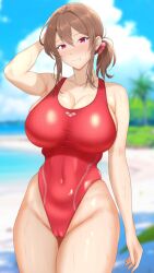 Rule 34 | 1girl, blue sky, blurry, blurry background, breasts, brown hair, cameltoe, cleavage, cleft of venus, cloud, competition swimsuit, covered navel, day, highleg, highleg swimsuit, highres, large breasts, low ponytail, mature female, medium hair, one-piece swimsuit, original, outdoors, ranhatu, red eyes, red one-piece swimsuit, sidelocks, sky, solo, swimsuit