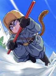 Rule 34 | 1boy, absurdres, angry, artist name, belt, black eyes, black hair, blurry, blurry background, child, coat, collared coat, day, dragon ball, gloves, hat, highres, liedein, male focus, monkey tail, outdoors, pine tree, running, ruyi jingu bang, signature, sky, snow, solo, son goku, staff, tail, thick eyebrows, tree