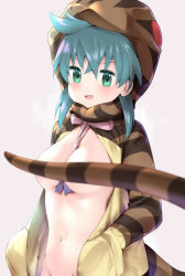 Rule 34 | 10s, 1girl, :d, amasora taichi, between breasts, blue hair, blurry, blurry foreground, bow, breasts, brown background, brown jacket, coat, commentary request, convenient censoring, depth of field, green eyes, groin, hair between eyes, hands in pockets, highres, hood, hood up, hooded jacket, jacket, kemono friends, long hair, long sleeves, looking at viewer, medium breasts, naked coat, navel, open clothes, open jacket, open mouth, out-of-frame censoring, pink bow, smile, snake tail, solo, standing, striped clothes, striped jacket, striped tail, tail, tail censor, tail raised, tsuchinoko (kemono friends), upper body, v-shaped eyebrows