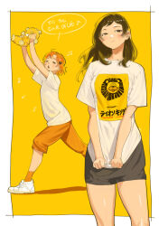 Rule 34 | 2girls, ahoge, arms up, black shorts, border, brown hair, bukimi isan, character request, copyright request, cowboy shot, from side, hair ornament, highres, lion print, long hair, multiple girls, musical note, orange hair, orange pants, orange socks, pants, shiny skin, shirt, short hair, short shorts, shorts, socks, teeth, the lion king, translation request, upper teeth only, white border, white footwear, white shirt