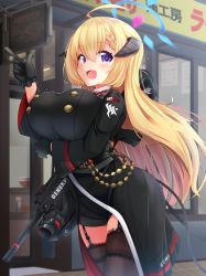 Rule 34 | absurdres, ahoge, akari (blue archive), assault rifle, black thighhighs, blonde hair, blue archive, blue eyes, blurry, blurry background, breasts, chuuten (clam chowder), commentary request, gloves, grenade launcher, gun, h&amp;k hk416, hair ornament, halo, highres, horns, large breasts, looking at viewer, m320, modular weapon system, pointing, rifle, thighhighs, under-barrel configuration, underbarrel grenade launcher, weapon