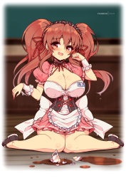 Rule 34 | 1girl, asahina mikuru, bare legs, border, breasts, broken cup, cleavage, clumsy, commentary, corset, cup, english commentary, full body, highres, indoors, large breasts, maid, official alternate hairstyle, on floor, pink skirt, puffy short sleeves, puffy sleeves, red eyes, short sleeves, sitting, skirt, solo, spill, suzumiya haruhi no yuuutsu, teacup, tearing up, virus-g, waitress, wariza, white border