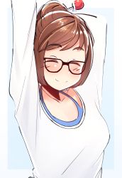 Rule 34 | 1girl, alternate costume, arms behind head, arms up, black-framed eyewear, blue background, blue shirt, border, breasts, brown hair, coolisushi, closed eyes, facing viewer, glasses, hair bun, hair ornament, hair stick, highres, long sleeves, medium breasts, mei (overwatch), overwatch, overwatch 1, shirt, short hair, simple background, single hair bun, sketch, smile, solo, stretching, sweater, tank top, upper body, white border, white shirt