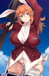 Rule 34 | 1girl, 501st joint fighter wing, animal ears, automatic rifle, blue eyes, breasts, charlotte e. yeager, collared shirt, gun, highres, holding, holding gun, holding weapon, jacket, kuronyan, large breasts, light machine gun, long hair, long sleeves, m1918 bar, machine gun, orange hair, panties, rabbit ears, rabbit girl, red jacket, shirt, solo, squad automatic weapon, strike witches, underwear, weapon, white panties, white shirt, world witches series
