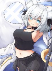 Rule 34 | 1girl, animal ear fluff, animal ears, armpits, arms up, ars almal, black shirt, black skirt, blue eyes, breasts, cleavage, cowboy shot, crop top, fox ears, fox girl, fox tail, hair ornament, hair over one eye, hairclip, highres, klaius, large breasts, looking at viewer, midriff, miniskirt, navel, nijisanji, off shoulder, open clothes, pleated skirt, shirt, short hair, silver hair, skirt, sleeveless, sleeveless shirt, smile, solo, stomach, tail, virtual youtuber
