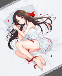 Rule 34 | 1girl, bad id, bad pixiv id, bare arms, bare legs, bare shoulders, barefoot, bed sheet, blush, brown hair, closed mouth, collarbone, commentary, dress, hair down, hair ribbon, highres, indoors, kaguya-sama wa kokurasetai ~tensai-tachi no renai zunousen~, lace trim, long hair, looking at viewer, luzzi (milllim), lying, on bed, on side, parted bangs, petals, pillow, red eyes, red ribbon, ribbon, rose petals, shinomiya kaguya, sidelocks, sleeveless, sleeveless dress, solo, strap slip, very long hair, white dress
