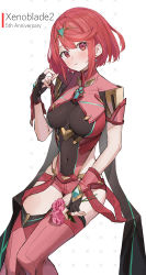 Rule 34 | 1girl, absurdres, black gloves, breasts, chest jewel, earrings, fingerless gloves, gloves, highres, jewelry, large breasts, mia cbx, pyra (xenoblade), red eyes, red hair, red shorts, short hair, short shorts, shorts, solo, swept bangs, thighhighs, tiara, xenoblade chronicles (series), xenoblade chronicles 2