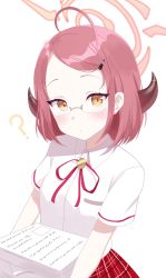 Rule 34 | 1girl, ?, absurdres, aged down, ahoge, aru (blue archive), aru (young) (blue archive), blue archive, blush, commentary, glasses, halo, highres, horns, looking at viewer, paper, pn (wnsl216), red hair, school uniform, short hair, simple background, white background, yellow eyes