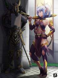 Rule 34 | armor, bare hips, bare shoulders, barefoot, blue eyes, body markings, chainmail, dark skin, day, elf, gold armor, grass, hand on own hip, highres, holding, holding sword, holding weapon, knight, lettanya (maxa&#039;), loincloth, medieval, midriff, orange gemstone, original, paper, pointy ears, polearm, red ribbon, ribbon, scabbard, scar, sheath, shin guards, spear, stirrup legwear, stone wall, sword, tan, tapestry, teng zhai zi, tile floor, tiles, toeless legwear, toes, toned, twintails, wall, warrior, weapon, white hair