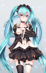 Rule 34 | 1girl, alternate costume, apron, aqua eyes, aqua hair, bad id, bad pixiv id, black thighhighs, blue eyes, blush, breasts, character name, cup6542, detached sleeves, dress, enmaided, garter straps, hatsune miku, highres, long hair, looking at viewer, maid, maid headdress, medium breasts, skirt, smile, solo, thighhighs, twintails, very long hair, vocaloid, white thighhighs