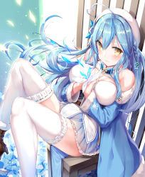 Rule 34 | 1girl, ahoge, bare shoulders, beret, blue hair, blush, braid, breasts, cleavage, commentary request, flower, hair flower, hair ornament, hat, heart, heart ahoge, highres, hololive, large breasts, looking at viewer, mogmog, off shoulder, sitting, solo, thighhighs, virtual youtuber, white hat, white thighhighs, yukihana lamy