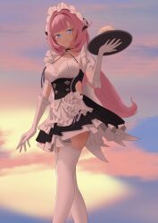 Rule 34 | 1girl, absurdres, apron, black choker, black dress, blue eyes, breasts, choker, cleavage, closed mouth, clothing cutout, detached sleeves, dress, elbow gloves, elf, elysia (honkai impact), elysia (miss pink elf) (honkai impact), fake horns, gloves, gradient background, hair between eyes, heart pendant, highres, holding, holding plate, honkai (series), honkai impact 3rd, horns, long hair, looking at viewer, maid, maid apron, maid headdress, pink hair, plate, pointy ears, puffy short sleeves, puffy sleeves, sasaki3rd, short sleeves, side cutout, smile, solo, thighhighs, thighs, very long hair, white apron, white gloves, white thighhighs, zettai ryouiki