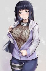 Rule 34 | 1girl, bandaged leg, bandages, black hair, blue pants, blunt bangs, blush, breasts, closed mouth, commentary request, fishnet top, fishnets, forehead protector, headband around neck, highres, hime cut, holster, hyuuga hinata, jacket, konohagakure symbol, large breasts, naruto, naruto (series), naruto shippuuden, open clothes, open jacket, pants, purple jacket, r-binon, raised eyebrows, solo, straight hair, sweatdrop, thigh holster, unzipping, wavy mouth, white eyes, zipper, zipper pull tab