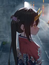 Rule 34 | 1girl, absurdres, blurry, blurry background, brown hair, cherry blossoms, flower, from side, hair flower, hair ornament, highres, horns, japanese clothes, kimono, long hair, looking away, mr-shin, original, outdoors, parted lips, pink flower, print kimono, red kimono, solo, upper body, yellow eyes