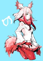 Rule 34 | 10s, 1girl, ass, blue background, blunt bangs, blush, breasts, commentary request, cropped legs, feather boa, feather trim, feathers, gloves, hand on own hip, head wings, highres, jacket, japanese crested ibis (kemono friends), japari symbol, kemono friends, long hair, long sleeves, looking at viewer, medium breasts, multicolored hair, osakana (denpa yun&#039;yun), pantyhose, parted lips, pink hair, red hair, red pantyhose, sidelocks, simple background, solo, tail, white hair, wings, yellow eyes