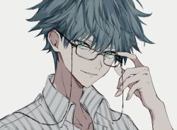 Rule 34 | 1boy, aged up, bad id, bad pixiv id, black-framed eyewear, blue eyes, blue hair, collared shirt, eyewear strap, fate/grand order, fate (series), glasses, grey background, hans christian andersen (adult) (fate), hans christian andersen (fate), long sleeves, looking at viewer, male focus, nozz177, shirt, short hair, simple background, smile, solo, striped clothes, striped shirt, type-moon, vertical-striped clothes, vertical-striped shirt