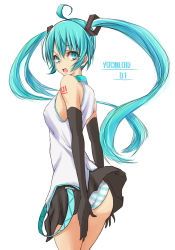 Rule 34 | 1girl, ahoge, aqua eyes, aqua hair, bad id, bad pixiv id, elbow gloves, gloves, harino646, hatsune miku, long hair, looking back, open mouth, panties, pantyshot, simple background, skirt, solo, striped clothes, striped panties, twintails, underwear, upskirt, very long hair, vocaloid