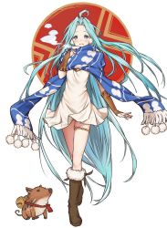 Rule 34 | 1girl, :d, ahoge, bell, blue eyes, blue hair, blue scarf, blush, boar, boots, breath, bridal gauntlets, commentary request, dress, full body, fur-trimmed boots, fur trim, granblue fantasy, hand on own chest, highres, jingle bell, knee boots, long hair, looking at viewer, lyria (granblue fantasy), open mouth, pom pom (clothes), saboten, scarf, simple background, smile, solo, thighlet, very long hair, white background, white dress