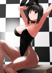 Rule 34 | 1girl, animal ears, armpits, arms up, black eyes, black hair, black leotard, black neckwear, breasts, brown pantyhose, checkered background, cleavage, commentary request, cosaten, cowboy shot, fake animal ears, fishnet pantyhose, fishnets, highres, large breasts, leotard, looking at viewer, pantyhose, playboy bunny, rabbit ears, rabbit girl, rabbit tail, school rumble, short hair, sitting, solo, strapless, strapless leotard, suou mikoto (school rumble), table, tail, wrist cuffs