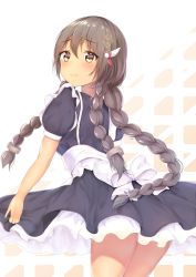 Rule 34 | 1girl, alternate costume, apron, azur lane, black dress, blush, bow, braid, brown eyes, brown hair, closed mouth, commentary request, dark-skinned female, dark skin, dress, enmaided, hair between eyes, hair ornament, highres, houraku, looking at viewer, looking to the side, maid, maid apron, puffy short sleeves, puffy sleeves, short sleeves, solo, south dakota (azur lane), tri braids, tri tails, white apron, white bow