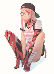 Rule 34 | 1girl, artist name, backpack, backwards hat, bag, closed mouth, glasses, hat, highres, koyorin, long hair, looking at viewer, mechanical arms, mechanical legs, original, pink hair, single mechanical arm, single mechanical leg, sitting, socks, solo, white background, yellow eyes