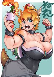 Rule 34 | 1girl, anniversary, armlet, bare shoulders, biceps, black collar, black dress, blonde hair, blue eyes, bowsette, bracelet, breasts, breath weapon, breathing fire, brooch, candle, cleavage, collar, commentary request, cupcake, curvy, dress, fingernails, fire, flexing, food, horns, huge breasts, jewelry, long hair, looking at viewer, mario (series), muscular, muscular female, neone, new super mario bros. u deluxe, nintendo, open mouth, pointy ears, sharp fingernails, sharp teeth, solo, spiked armlet, spiked bracelet, spiked collar, spiked shell, spiked tail, spikes, strapless, strapless dress, super crown, tail, teeth, thick thighs, thighs, turtle shell