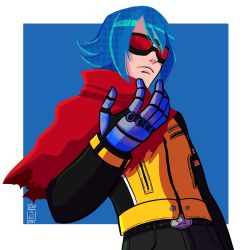 Rule 34 | 1boy, blue background, blue hair, border, cape, gloves, goggles, highres, jacket, jaliet exe, k9999, krohnen, long sleeves, male focus, outside border, red cape, simple background, snk, solo, the king of fighters, the king of fighters xv, white border