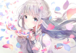 Rule 34 | 1girl, blue eyes, blush, bow, closed mouth, dress, floating hair, grey bow, grey dress, grey hair, hands up, highres, long hair, long sleeves, missile228, original, petals, puffy long sleeves, puffy sleeves, shirt, sleeveless, sleeveless dress, solo, upper body, very long hair, white background, white shirt