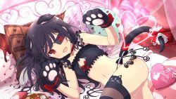 Rule 34 | 1girl, animal ears, animal hands, artist name, bare shoulders, bed, black hair, black thighhighs, blush, bow, cat ears, cat tail, character name, copyright name, english text, eyepatch, fang, flat chest, frills, gloves, heart, heart-shaped pillow, highres, long hair, looking at viewer, lying, midriff, mirai (senran kagura), navel, open mouth, panties, paw gloves, pillow, red bow, red eyes, senran kagura, side-tie panties, smile, solo, tail, thighhighs, tomoe (symbol), underwear, yaegashi nan