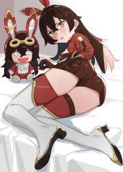 Rule 34 | 1girl, amber (genshin impact), ass, baron bunny (genshin impact), blush, boots, breasts, brown eyes, brown gloves, brown hair, brown shorts, commentary, elbow gloves, frown, full body, genshin impact, gloves, hair between eyes, hair ribbon, long hair, looking at viewer, looking back, lying, medium breasts, on bed, on side, open mouth, red ribbon, red shirt, red thighhighs, ribbon, shirt, short shorts, shorts, shrug (clothing), solo, stuffed toy, subachi, sweat, tears, thigh boots, thighhighs, thighhighs under boots, thighs, twitter username, white footwear, white thighhighs