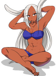 Rule 34 | 1girl, abs, adjusting hair, animal ears, armpits, arms up, bandeau, bare arms, bare legs, bikini, blue bikini, boku no hero academia, commentary request, dark-skinned female, dark skin, eyelashes, indian style, long hair, looking at viewer, mirko, mouth hold, muscular, muscular female, nstime23, off shoulder, parted bangs, rabbit ears, rabbit girl, red eyes, shadow, simple background, sitting, soles, solo, strapless, strapless bikini, swimsuit, white background, white hair