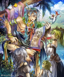 Rule 34 | 10s, 2boys, 2girls, ahoge, aqua hair, armband, barefoot, bird, bracelet, braid, branch, child, choker, cloud, clover, colorful, cygames, day, detached sleeves, earrings, fantasy, fins, floating, four-leaf clover, fujiwara akina, green hair, grey hair, hands on own chest, head fins, indian style, jewelry, long hair, looking at another, monster boy, multicolored hair, multiple boys, multiple girls, ponytail, ribs, sash, scales, scroll, shingeki no bahamut, short hair, single braid, sitting, sky, smile, tree, water