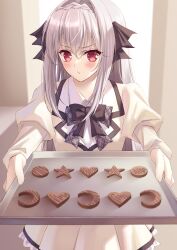 Rule 34 | 1girl, :/, black bow, blush, bow, braid, closed mouth, collared shirt, commentary request, cookie, cowboy shot, crown braid, cuckoo ki, eyelashes, food, foreshortening, frilled skirt, frills, frown, grey hair, hair bow, hair intakes, highres, holding, holding tray, indoors, juliet sleeves, long hair, long sleeves, looking at viewer, outstretched arms, puffy sleeves, red eyes, sakurakouji luna, school uniform, shirt, sidelocks, skirt, solo, standing, straight hair, tray, tsuki ni yorisou otome no sahou, v-shaped eyebrows, very long hair, white shirt, white skirt