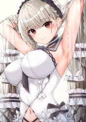 Rule 34 | 1girl, absurdres, armpits, azur lane, blush, breasts, bridal veil, choker, closed mouth, dress, formidable (azur lane), hair tie, hands in hair, highres, large breasts, long hair, looking at viewer, maid headdress, nahanmin, navel, platinum blonde hair, red eyes, smile, solo, twintails, veil, very long hair, white dress