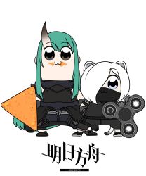 Rule 34 | 2girls, :3, animal ears, arknights, bkub (style), black footwear, black pants, black shirt, blouse, blue eyes, chibi, commentary, copyright name, doritos, ferret ears, ferret tail, fidget spinner, food, food on face, full body, green hair, grey eyes, hair over one eye, highres, horns, hoshiguma (arknights), long hair, looking at viewer, mask, mouth mask, multiple girls, onionyaa, pants, pipimi, poptepipic, popuko, shirayuki (arknights), shirt, shoes, short hair, silver hair, simple background, single horn, sleeveless, sleeveless shirt, smile, standing, tail, very long hair, weasel ears, weasel tail, white background