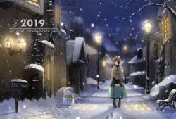 Rule 34 | 1girl, 2019, bag, bare tree, beanie, bench, black eyes, black hair, black legwear, black sweater, boots, building, chimney, coat, commentary request, english text, footprints, green skirt, grey coat, hat, highres, holding, holding bag, house, lamppost, long sleeves, night, night sky, original, outdoors, park bench, plaid, plaid skirt, sakeharasu, scenery, short hair, sidelocks, sign, skirt, sky, snow, snowing, snowman, solo, suitcase, sweater, town, tree, turtleneck, turtleneck sweater, v arms, walking, wide shot, wide sleeves, window, winter, winter clothes