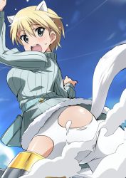 Rule 34 | 10s, 1girl, animal ears, ass, blonde hair, blue eyes, blue sky, blush, brave witches, cloud, contrail, day, flying, fur trim, highres, looking at viewer, looking back, nikka edvardine katajainen, open mouth, pantyhose, pouch, short hair, sky, smoke, solo, strike witches, striker unit, sweatdrop, sweater, tail, torn clothes, torn pantyhose, weasel ears, weasel tail, white pantyhose, world witches series, yumekaranigeruna