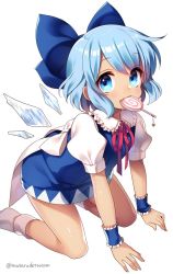 Rule 34 | 1girl, blue bow, blue dress, blue eyes, blue hair, bow, candy, cirno, commentary request, dress, food, food in mouth, hair bow, heart, ice, ice wings, kneeling, leaning forward, lollipop, looking at viewer, masaru.jp, puffy short sleeves, puffy sleeves, red ribbon, ribbon, short hair, short sleeves, simple background, socks, solo, tan, touhou, twitter username, white background, white socks, wings, wrist cuffs