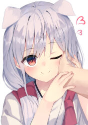 Rule 34 | 1girl, 1other, :t, ;), \||/, absurdres, animal ears, bright pupils, close-up, closed mouth, commentary, dog ears, eyes visible through hair, fingernails, grey hair, hair between eyes, hand on another&#039;s cheek, hand on another&#039;s face, happy, heart, highres, holding hands, kotoyose fumino, long hair, looking at viewer, nodoameyatou, nukigee mitai na shima ni sunderu watashi wa dou surya ii desu ka?, one eye closed, pov, pov hands, red eyes, simple background, smile, solo focus, split mouth, white background