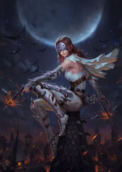 Rule 34 | 1girl, armor, armored boots, arrow (projectile), bat (animal), belt, boots, bow (weapon), brown hair, bustier, cape, crossbow, diablo (series), diablo 3, dual wielding, fire, highres, holding, holster, lips, long hair, mask, moon, night, quiver, sitting, solo, spikes, thigh holster, town, weapon, wenfei ye
