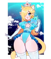 Rule 34 | 1girl, alternate costume, animal ears, artist name, black eyes, blonde hair, blue background, blue eyes, blue gemstone, blue leotard, blue sky, blush, border, breasts, breasts apart, cameltoe, cat ears, cat girl, cat tail, cleavage cutout, cleft of venus, clothing cutout, cloud, cowboy shot, crown, earrings, elbow gloves, female focus, frilled leotard, frills, gem, gloves, gluteal fold, gradient sky, grey headwear, groin, hair over one eye, hand up, happy, highleg, highleg leotard, highres, jewelry, leotard, lips, long hair, looking at viewer, lumalee, mario (series), medium breasts, nintendo, one eye covered, open mouth, outdoors, outline, outside border, parted lips, pink outline, puffy short sleeves, puffy sleeves, rebthgin, red gemstone, rosalina, sash, shiny skin, short sleeves, sidelocks, sky, smile, solo focus, sparkle, standing, star (sky), star (symbol), star cutout, star earrings, super mario galaxy, tail, thick thighs, thighhighs, thighs, twitter username, watermark, whiskers, white border, white gloves, white thighhighs, wide hips