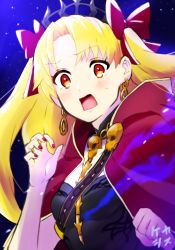 Rule 34 | 1girl, asymmetrical sleeves, between breasts, black dress, blonde hair, blue background, blush, breasts, cape, detached collar, dress, earrings, ereshkigal (fate), fate/grand order, fate (series), gold trim, gradient background, highres, hood, hooded cape, hoop earrings, infinity symbol, jewelry, keshi kasuyaro, long hair, long sleeves, looking at viewer, nail polish, necklace, open mouth, parted bangs, red cape, red eyes, red nails, single sleeve, skull, small breasts, solo, spine, tiara, two side up, uneven sleeves