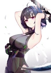 Rule 34 | 1girl, absurdres, ahoge, arknights, armpits, arms behind head, arms up, bare arms, bare shoulders, belt, belt pouch, between breasts, black hair, black shirt, bracelet, breasts, closed mouth, clothing cutout, expressionless, glint, hair ornament, hairclip, highres, holding, holding scythe, holding weapon, jewelry, la pluma (arknights), leria v, looking at viewer, medium breasts, multiple belts, pouch, purple eyes, scythe, shirt, short hair, side cutout, simple background, sleeveless, sleeveless shirt, solo, strap between breasts, upper body, weapon, white background