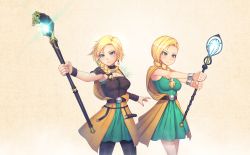 Rule 34 | 2girls, armor, belt, bianca (dq5), black belt, black legwear, blonde hair, blue eyes, bracer, braid, breasts, cape, cleavage, closed mouth, cowboy shot, dragon quest, dragon quest v, dress, dual persona, feathers, frown, green dress, holding, holding staff, long hair, long sleeves, mahito, medium breasts, multiple girls, orange cape, outstretched arm, outstretched arms, pantyhose, pauldrons, short dress, shoulder armor, single braid, single pauldron, single sleeve, sleeveless, sleeveless dress, square enix, staff